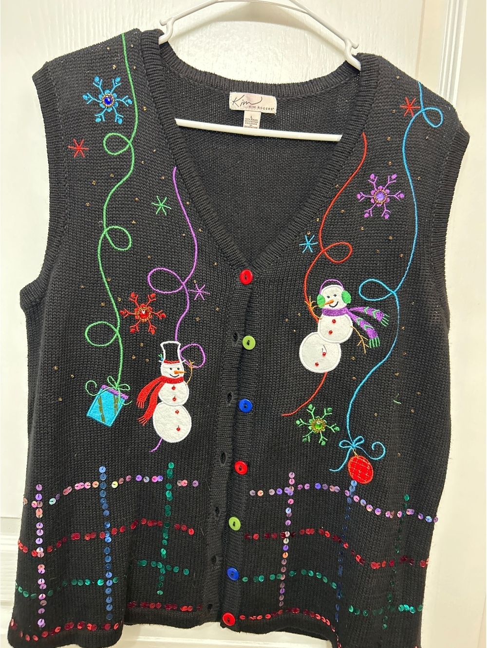 Kim Rogers Black Knit Holiday Vest with Snowman and Sequin Embellishments